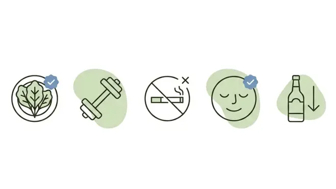 A wide row of simple lifestyle icons suggesting ways to support sperm health, including nutrition, exercise, avoiding smoking, and stress management.