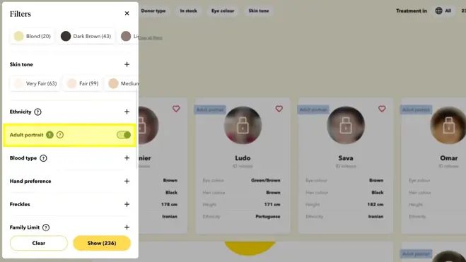 Sperm donors with adult photos filter selecting specific donors