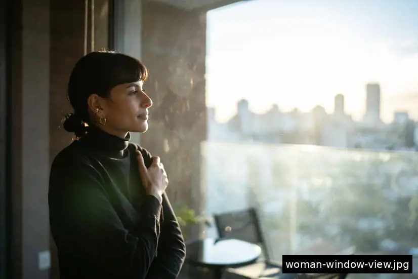 Woman in a black turtleneck stands by a window, gazing at a sunlit city skyline, with balcony furniture and reflections on the glass in an apartment.