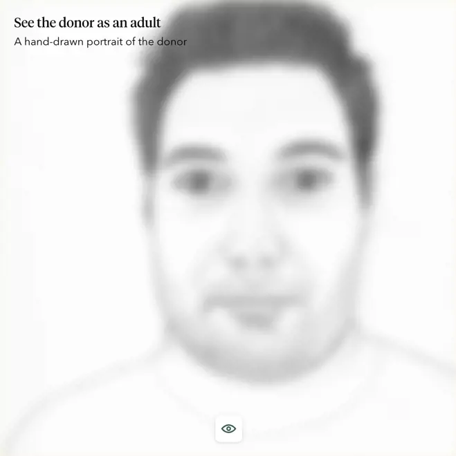 A hand-drawn portrait of the donor” above a blurred, hand-drawn adult male face illustration on a white background.